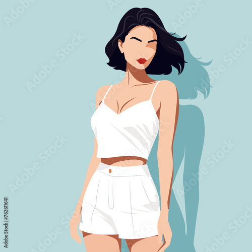 Vector flat fashion illustration of a young girl with an abstract face in a stylish summer suit of top and shorts.

