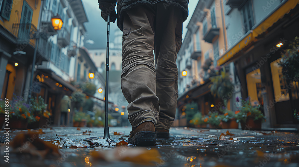 Elderly person walks through the streets of a rainy afternoon, uses a cane to support himself Elderly person walks through the streets of a rainy afternoon, uses a cane to support himself