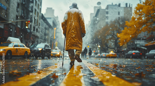 Elderly person walks through the streets of a rainy afternoon, uses a cane to support himself