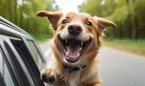 A happy dog with head out of the car window having fun generative ai 