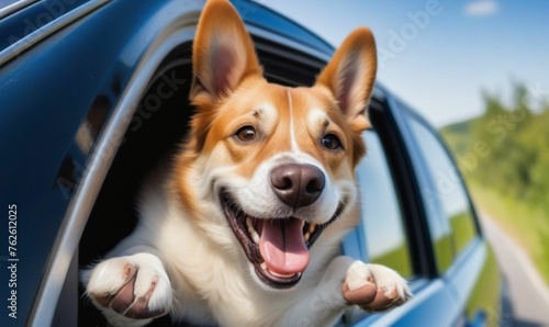 A happy dog with head out of the car window having fun generative ai  © Fida