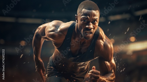 Generative AI An athlete captured in a side view, sprinting down the track in the stadium with a determined expression, muscles in full motion, portraying power and agility