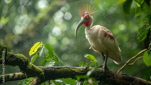 A Madagascar Crested Ibis, characterized by its white plumage and vibrant red head, perched gracefully on a branch. The bird is alert and poised in its stance, showcasing its unique features against t