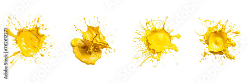 Set of yellow color explosion of plastic paint isolated on a transparent background