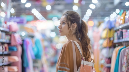 A woman is standing inside a store, browsing and examining a product on display. She appears focused and engaged in the shopping experience. © vadosloginov