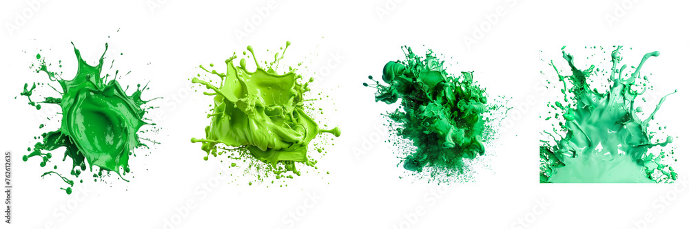 Set of green color explosion of plastic paint isolated on a transparent background Set of green color explosion of plastic paint isolated on a transparent background