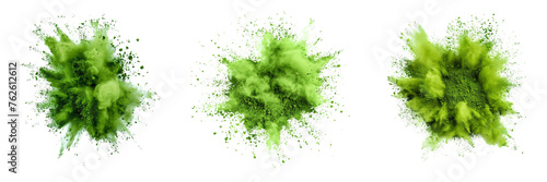 Set of green color explosion of holi powder isolated on a transparent background