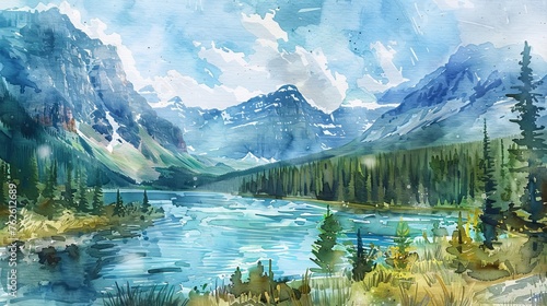 A watercolor painting depicting a mountain lake nestled among a dense forest of trees. The calm water reflects the greenery, creating a harmonious scene.