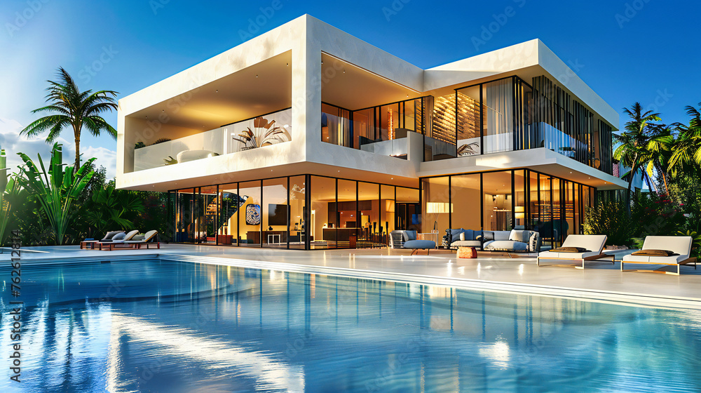 The epitome of luxury, a modern villa with an inviting pool and patio area that beckons for outdoor relaxation