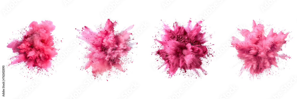 Set of pink color explosion of holi powder isolated on a transparent background