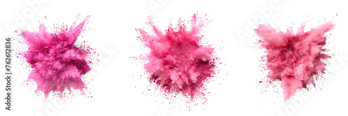 Set of pink color explosion of holi powder isolated on a transparent background