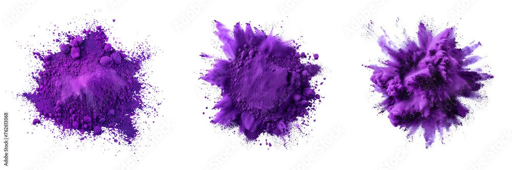 Set of purple color explosion of holi powder isolated on a transparent background - obrazy, fototapety, plakaty 