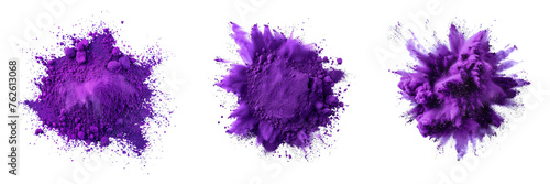 Set of purple color explosion of holi powder isolated on a transparent background