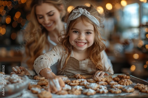 Child baking cookies with a joyful expression, festive kitchen setting.