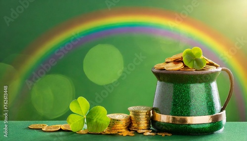 Saint Patrick's Day and Leprechaun's pot of gold coins concept with a rainbow indicating where the leprechaun hid treasure on green with copy space. St Patrick is the patron saint of Ireland photo