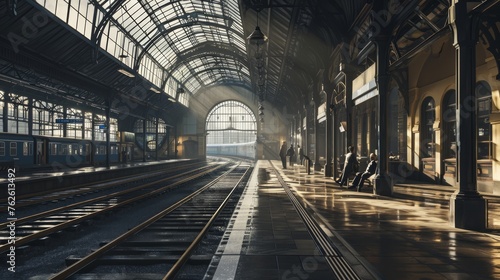 Generative AI Detailed view of a train station, tracks, platforms, passengers, architectural details, realistic atmosphere, photorealistic style