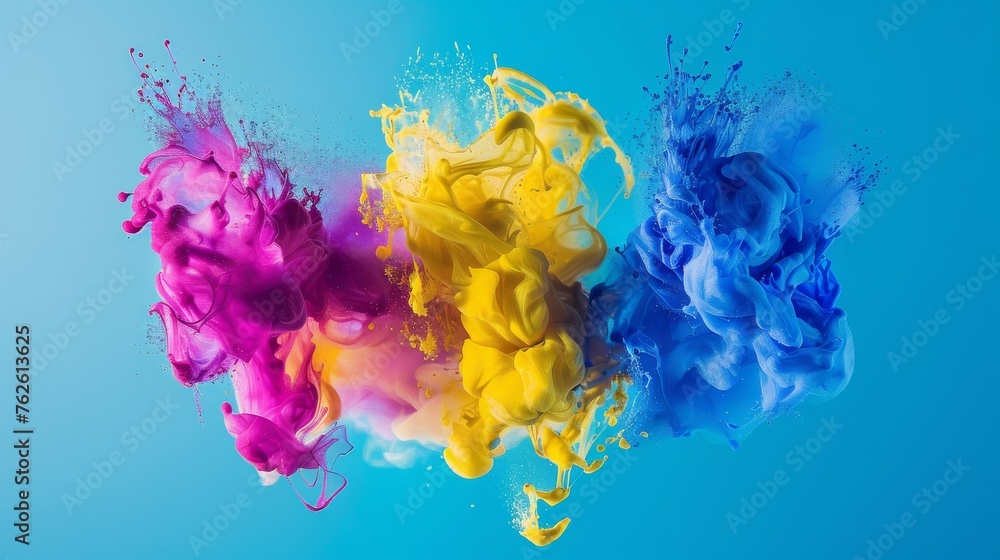 Three vibrant colors of paint are being mixed together on a palette, creating a swirl of new color as they blend and merge. Three vibrant colors of paint are being mixed together on a palette, creating a swirl of new color as they blend and merge.