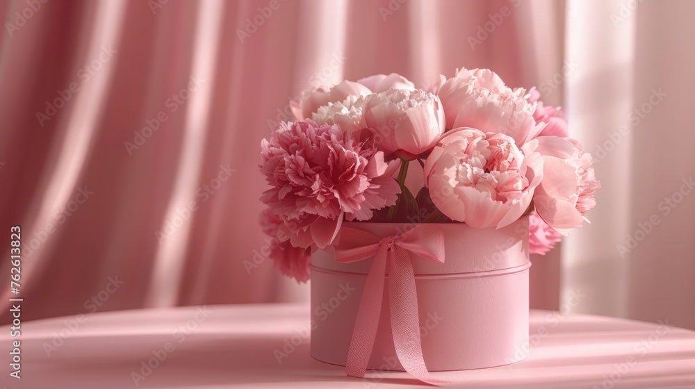 Bouquet of peonies in a pink round box tied with a bow