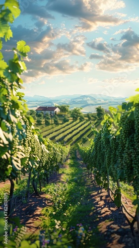 In the foreground, a vineyard stretches with rows of vines. In the background, a house can be seen in the distance against a clear sky.