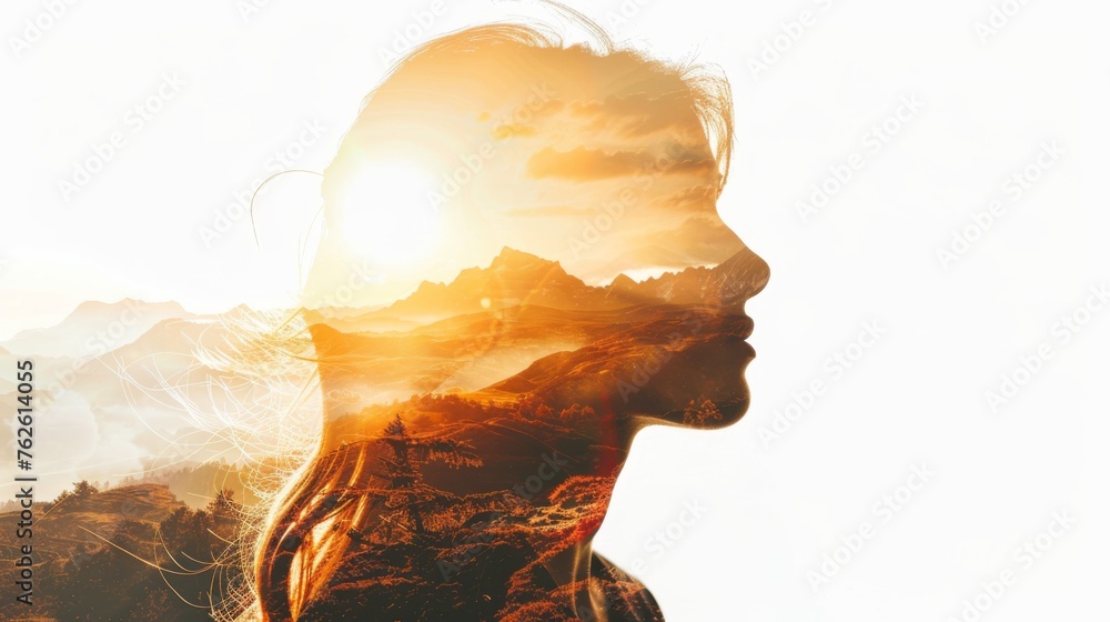 A double exposure featuring a womans face superimposed with mountains ...