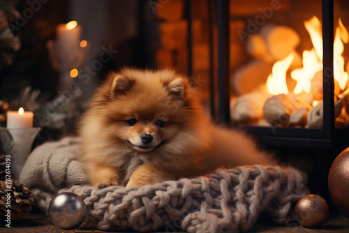 Cute fluffy puppy, The interior is warm and bright сreated with Generative Ai © Andrii Yablonskyi