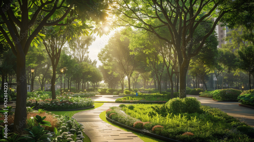 A contemporary urban area designed according to the Garden City concept, with an abundance of trees