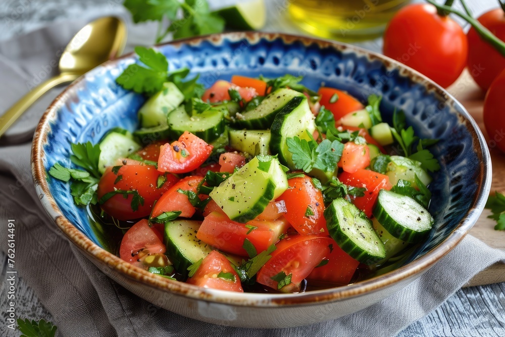 Salad with cucumbers, tomatoes with olive oil.