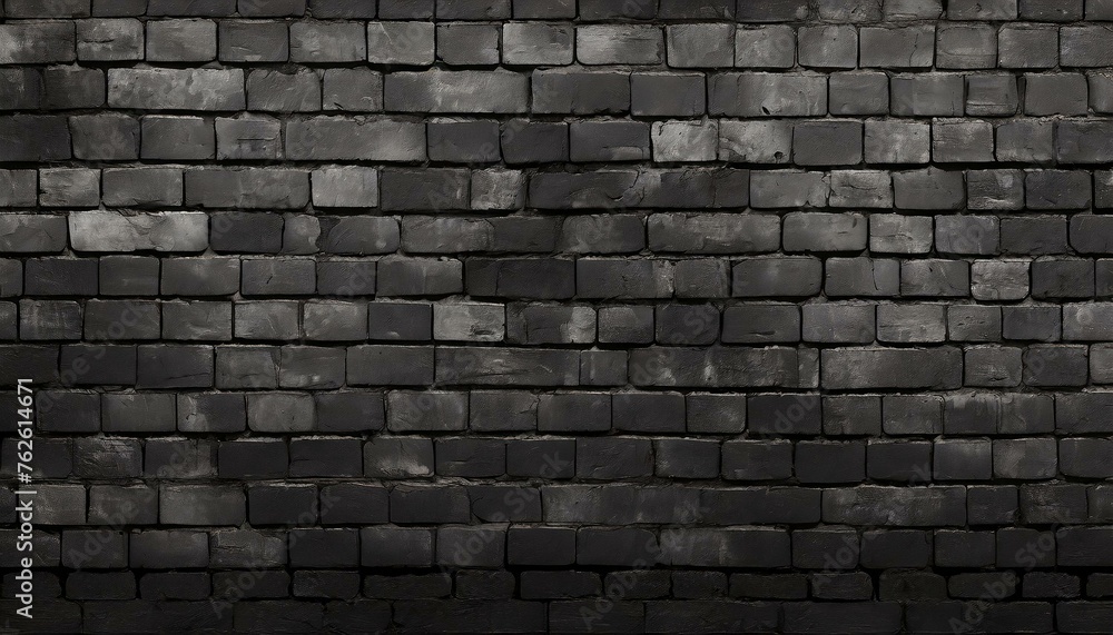 Wide old black shabby brick wall texture. Dark masonry panorama. Brickwork panoramic grunge