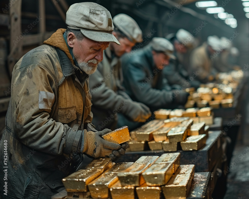 Describe the sense of camaraderie and teamwork among a group of factory workers as they collaborate to smelt gold ore into gleaming bars, photographic style Describe the sense of camaraderie and teamwork among a group of factory workers as they collaborate to smelt gold ore into gleaming bars, photographic style