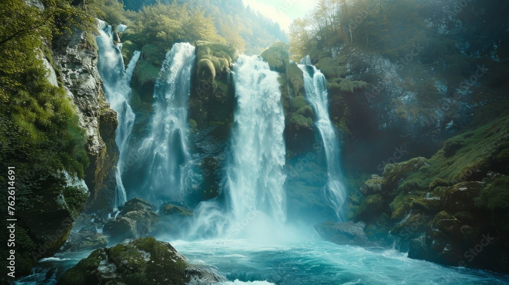 A powerful waterfall cascades down a rocky cliff in the heart of a lush forest. Surrounded by tall trees and foliage, the waterfall creates a mesmerizing sight in the natural landscape.