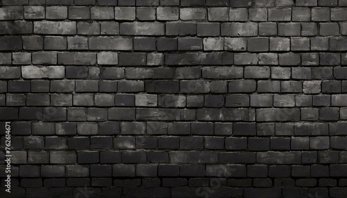 Wide old black shabby brick wall texture. Dark masonry panorama. Brickwork panoramic grunge