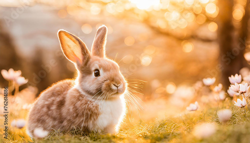 Cute bunny on spring grass, sunny bokeh on background. Generative AI. © Hulinska Yevheniia
