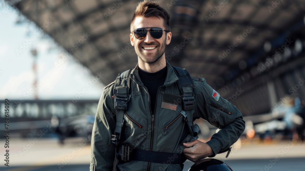 Fototapeta premium A pilot in uniform smiling and holding a helmet after completing his duty