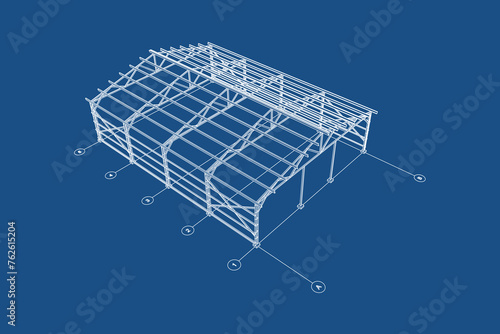 3D steel frames of a industrial building. Best vector architectural blueprint.