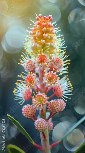 A detailed view of a Hakea flower, showcasing its intricate petals and vibrant colors, with a blurred background for enhanced focus. photo