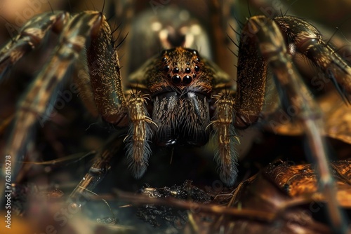 A detailed view of a Wolf spider moving on the ground, showcasing its intricate features and movements. The spider appears to be hunting or exploring its surroundings.
