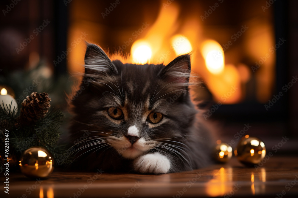 Cute black fluffy pet. He sleeps on the carpet in front of the fireplace сreated with Generative Ai