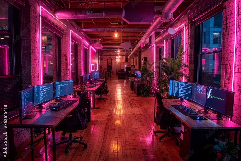 Vibrant tech office with pink neon lights and multiple computer screens.
