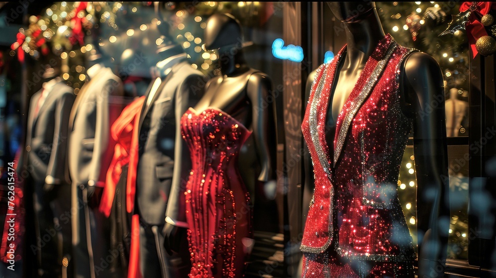 Unveil Festive Glamour Row of Mannequins in Holiday Party Outfits, Marked Down for Fashion Enthusiasts, Second Chance for Festive Elegance and Style
