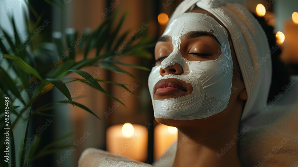 A woman wearing a mask on her face is in a beauty salon at a spa A woman wearing a mask on her face is in a beauty salon at a spa