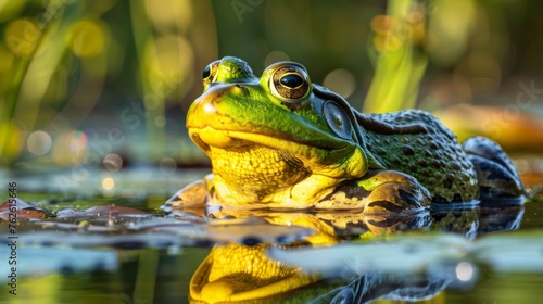 A frog is swimming in a pond. The water is green and the frog is yellow