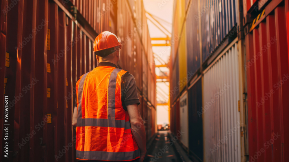 An officer wearing a reflective vest inspects a container on a cargo ship An officer wearing a reflective vest inspects a container on a cargo ship
