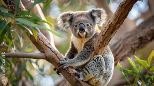A koala is perched on a tree branch, displaying its unique fur pattern and fluffy ears. The marsupial looks relaxed and content as it gazes around its leafy surroundings.