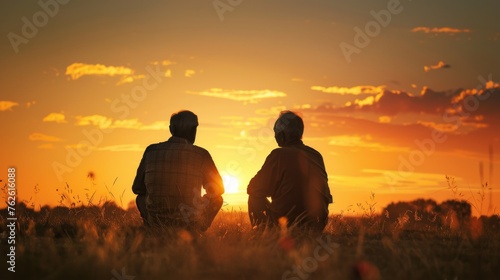 Two men are standing on top of a grass-covered field. They appear to be enjoying the view from their vantage point.