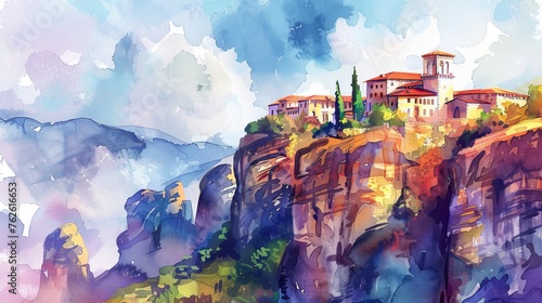 A watercolor painting depicting a medieval castle perched atop a rugged mountain peak. The castle stands out against the sky, showcasing its grandeur and strength.