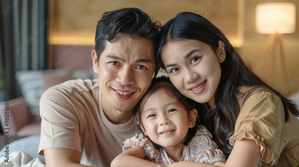 A family of three, a man, a woman and a child, are smiling and hugging each other A family of three, a man, a woman and a child, are smiling and hugging each other