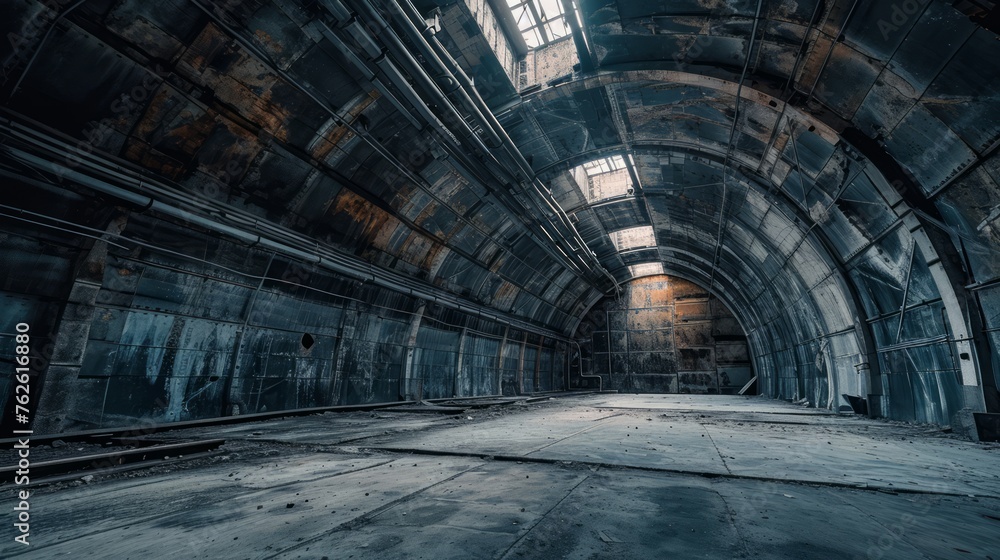 Generative AI Close-up view of Chernobyl's reactor sarcophagus, cracked walls, weathered structure, eerie atmospheric lighting, detailed linework