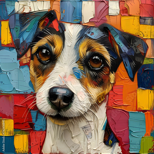 Adorable dog, painting style, cubist style.