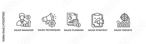 Sales management banner web icon vector illustration concept with icon of manager, sales techniques, planning, strategy, and targets	