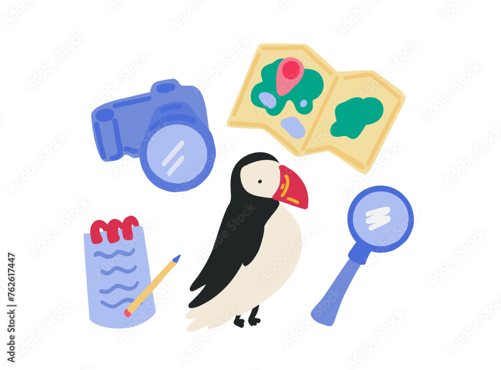 Bird watching flat design set with puffin Bird watching flat design set with puffin